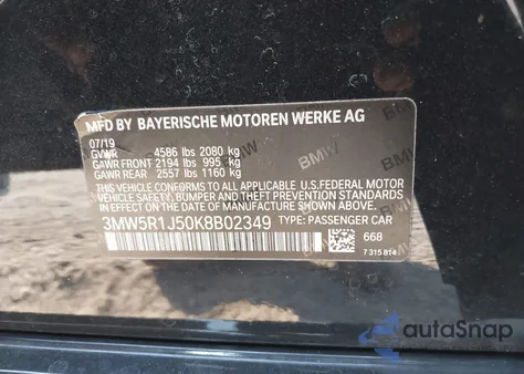 2019 BMW 330I z USA, uszkodzony, nr VIN 3MW5R1J50K8B02349